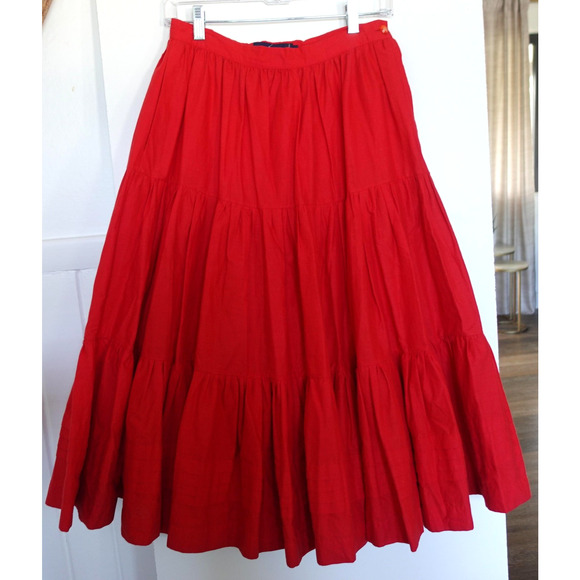 Vintage 80s Ralph Lauren Skirt Blue Label Womens 6 Red Full Tiered Boho Midi - Picture 1 of 9